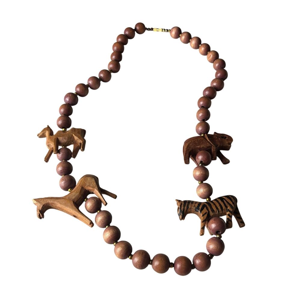 Hand Carved African Safari Animal Necklace Wood Bead Horse Zebra Elephant Tribal